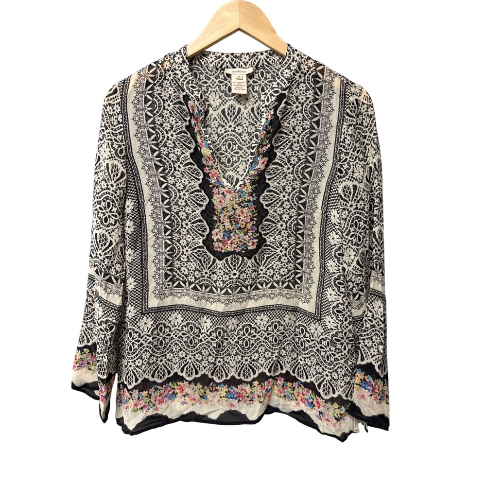 Sundance  100% Silk Vita Tunic Blouse Womens S Black White Boho Floral Flowy EUC